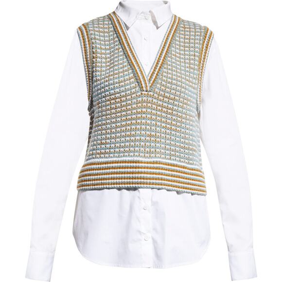 Veronica Beard Serwa mixed knit vest over white poplin blouse XS extra small - Picture 9 of 9